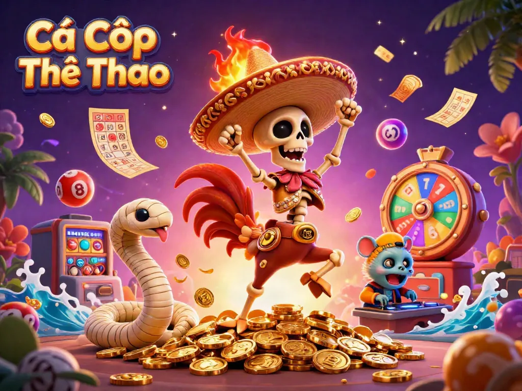 Cá Cược Thể Thao celebrates with a lively scene of a mariachi rooster, mummy snake, and DJ hamster amidst a cascade of lottery-themed elements.