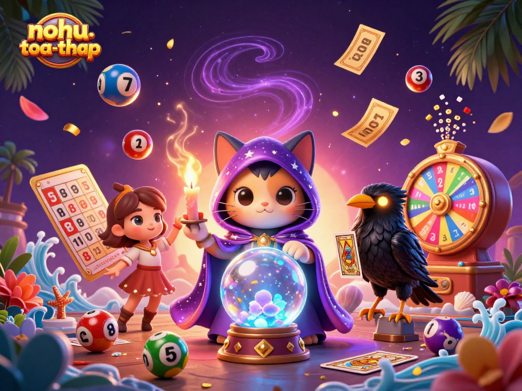 Play nohu-toa-thap with a magical scene featuring vibrant lottery elements and adventurous characters.