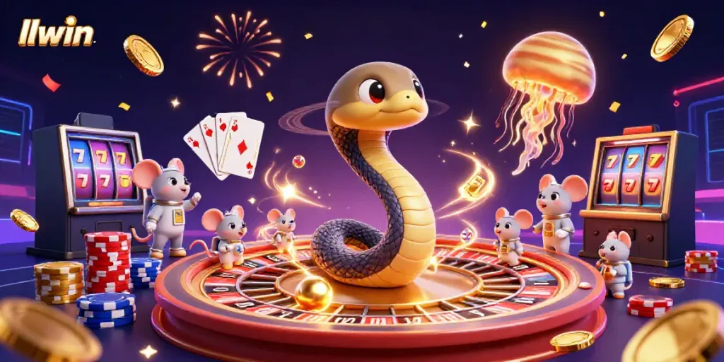 Engage in thrilling betting with llwin in a cosmic casino illustration featuring cartoon characters.