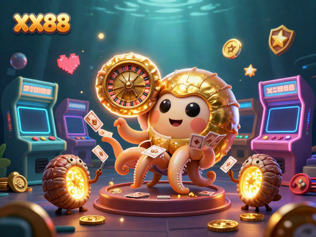 Experience the excitement of XX88 with a cartoon nautilus roulette wheel surrounded by vibrant arcade elements.