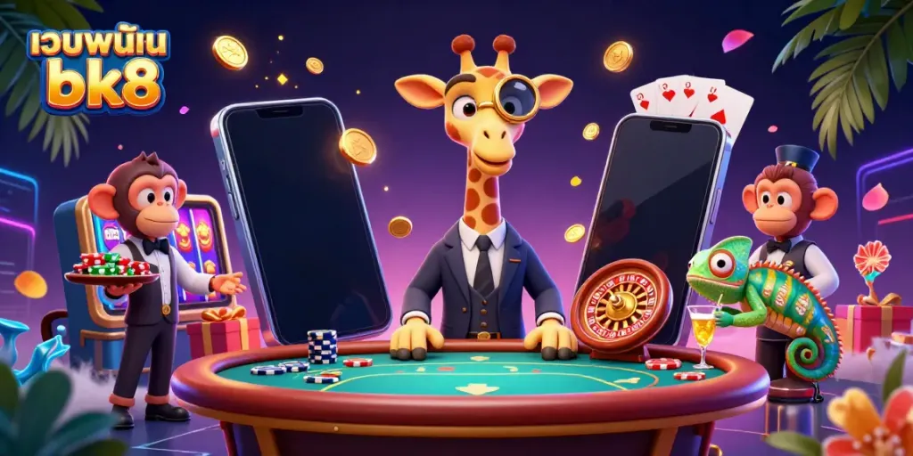 Experience vibrant action at เว็บพนัน bk8 with a high-roller giraffe, monkey valet, and chameleon bartender in a casino scene.