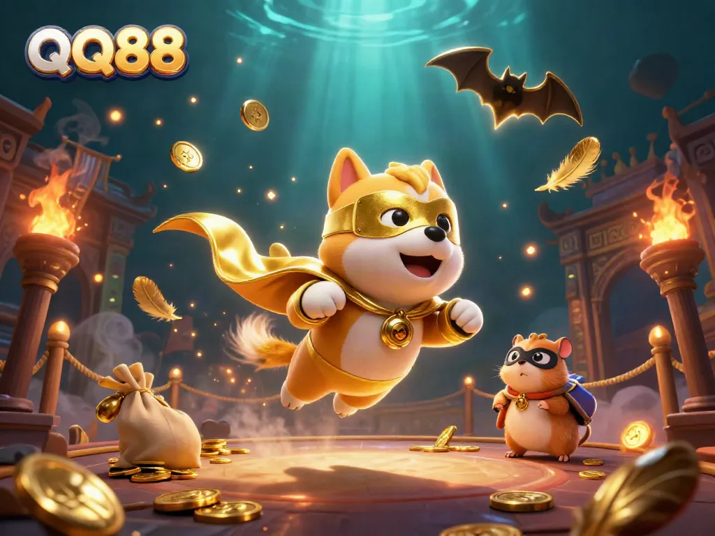 Experience thrilling moments at QQ88 with a superhero dog and hamster in 3D casino adventure.