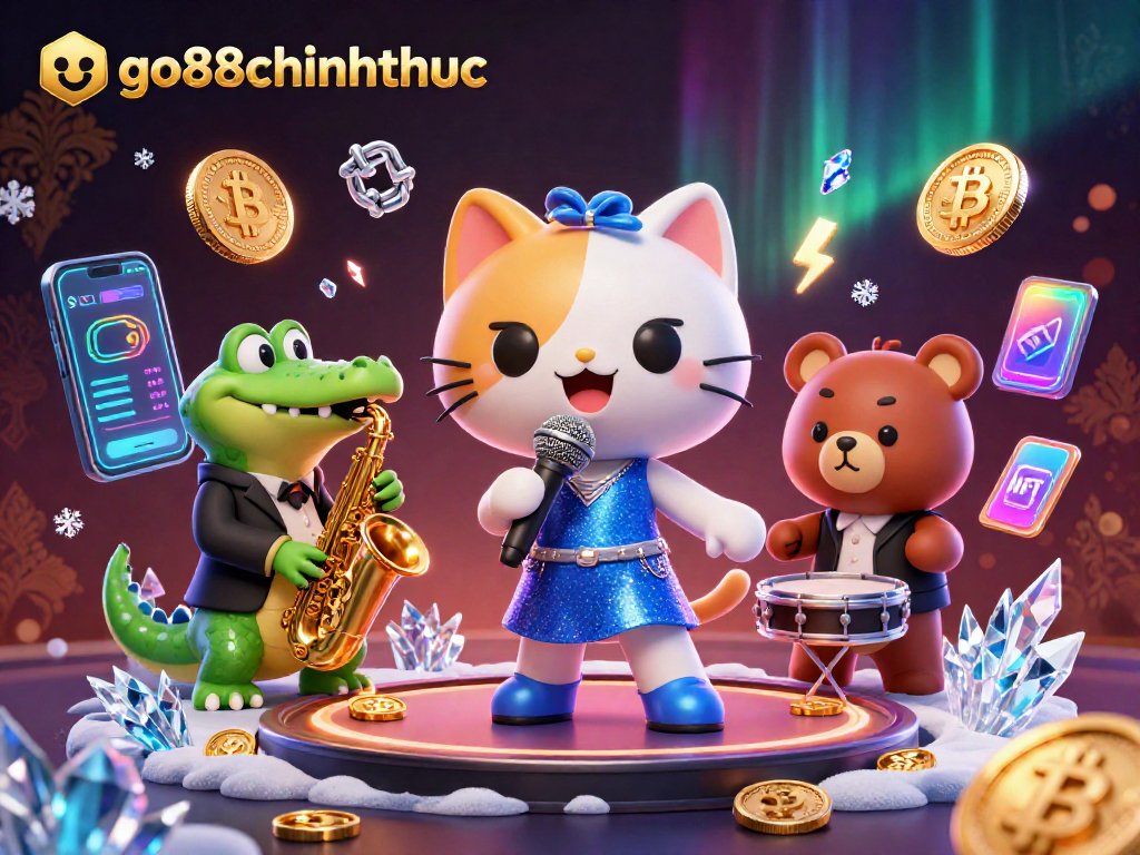 Engage with go88chinhthuc at a lively casino scene featuring cartoon characters and vibrant crypto elements.