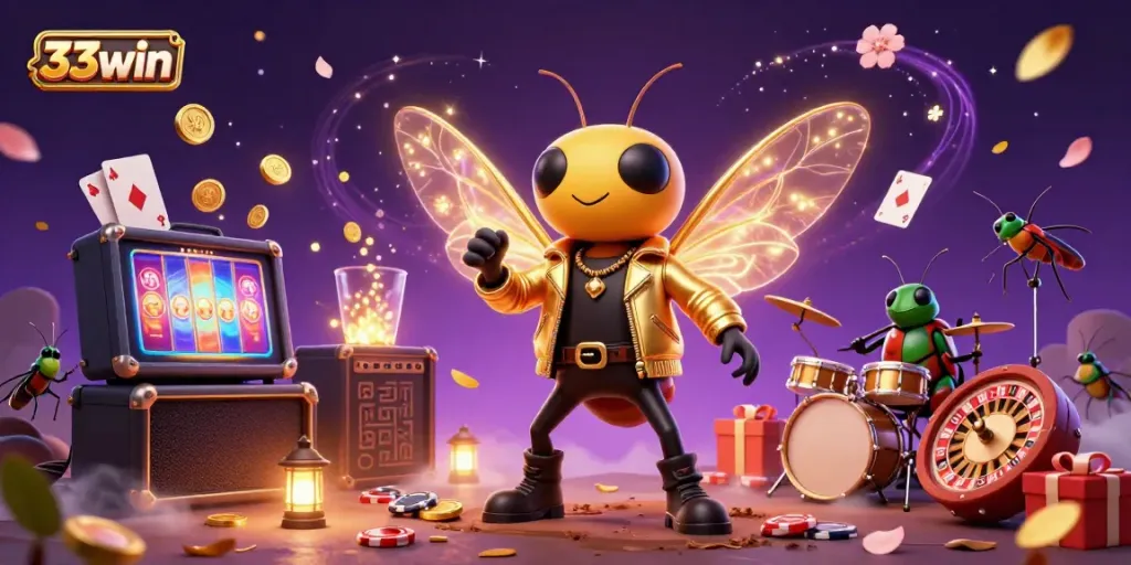 Experience 33win's vibrant casino action with a buzzing cicada rock star and dynamic gaming elements.
