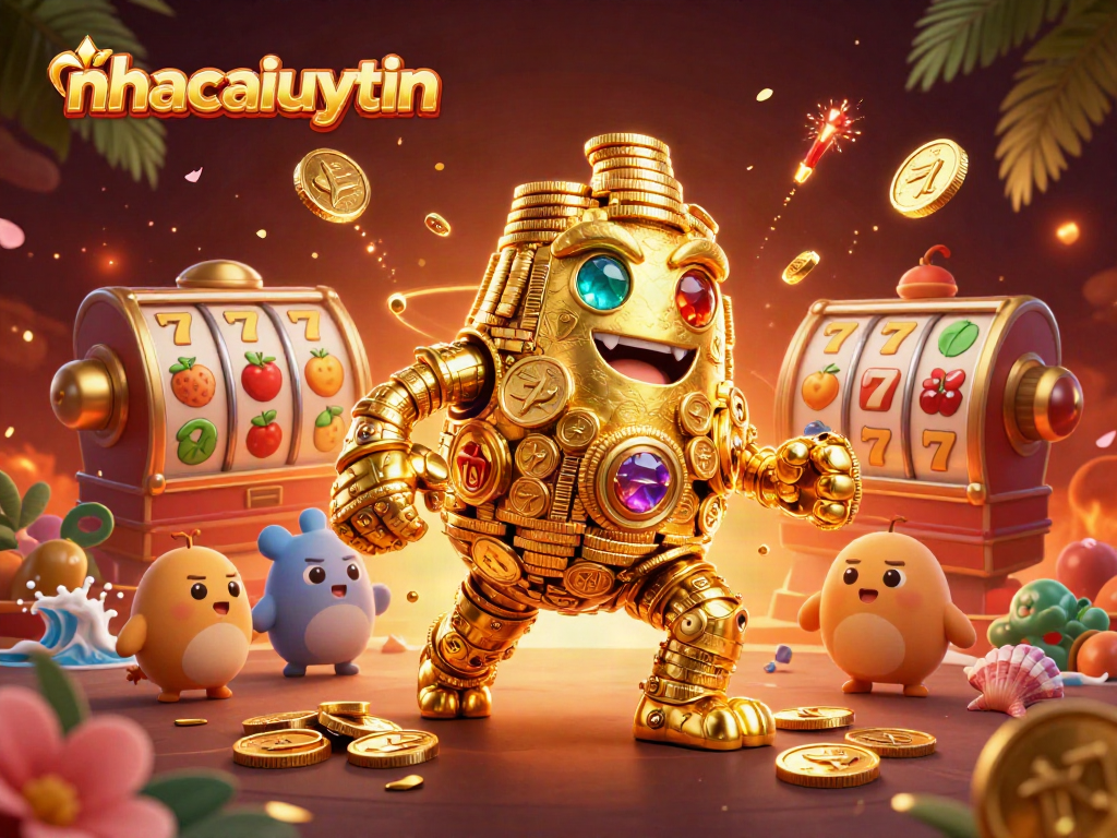 Engage with the thrilling world of nhacaiuytin, featuring an exhilarating scene of a golden golem alongside iconic slot elements and festive decorations.