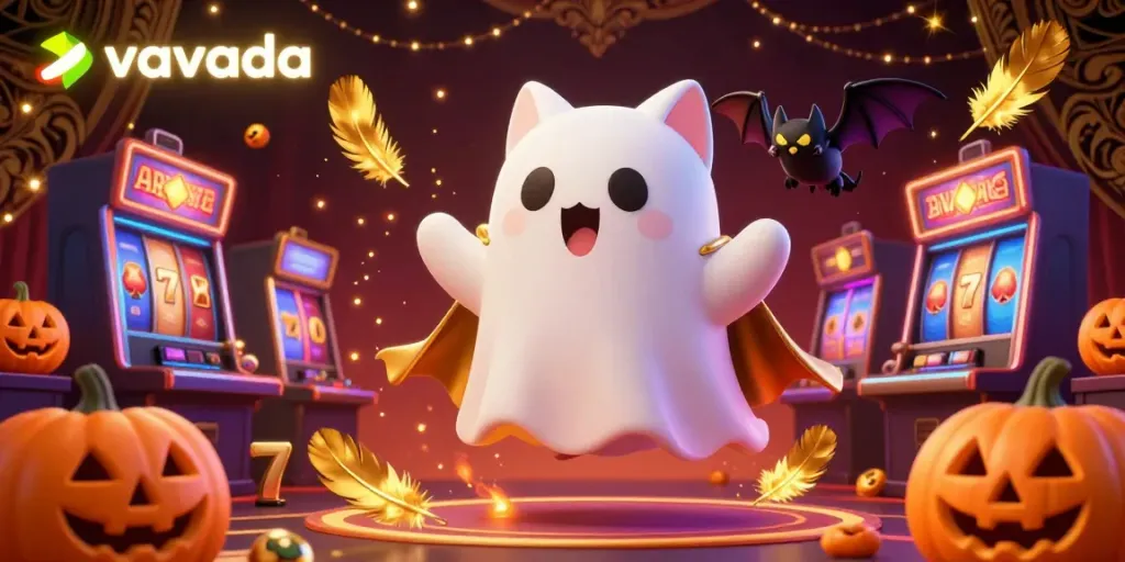 Experience the thrills of Vavada Casino with a vibrant illustration of a friendly ghost cat and a vampire bat amidst winnings and slot machines.