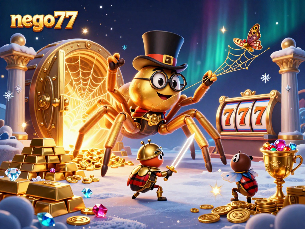 Engage with nego77's exciting world, highlighted by a golden tarantula and beetle knight in a vibrant casino scene.