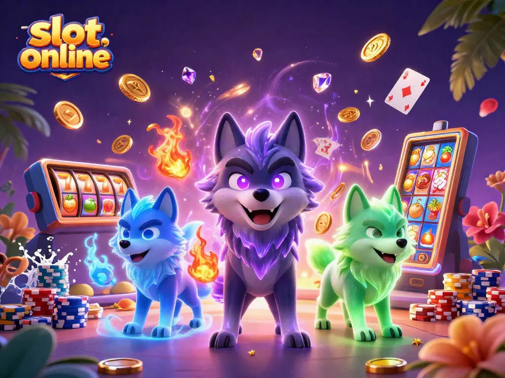Menyaksikan slot online dengan simbol keberuntungan berkilauan dan karakter serigala dalam ilustrasi 3D yang mendebarkan.