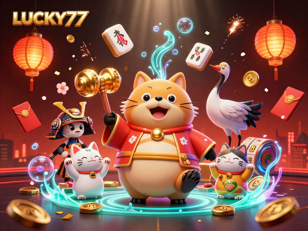 Engage with LUCKY77 through a vibrant casino scene featuring lucky symbols and characters in action.