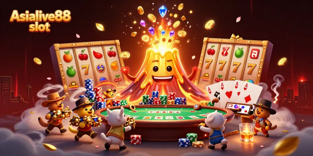 Experience the thrill of the Asialive88 slot with golden volcano, treasure, and engaging game elements!