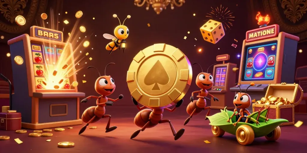 Engage in the thrilling world of bujangtoto with ants stealing a giant poker chip amid a dazzling casino scene.