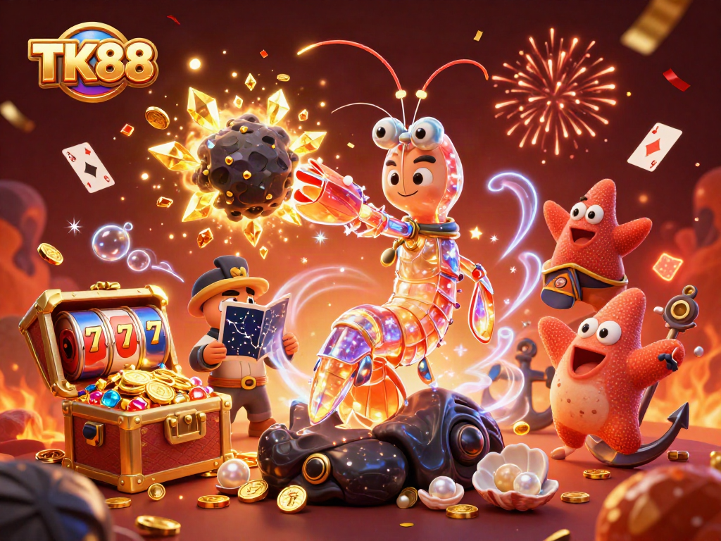 Engage with TK88's vibrant casino action featuring a galactic mantis shrimp in a treasure-filled 3D scene.