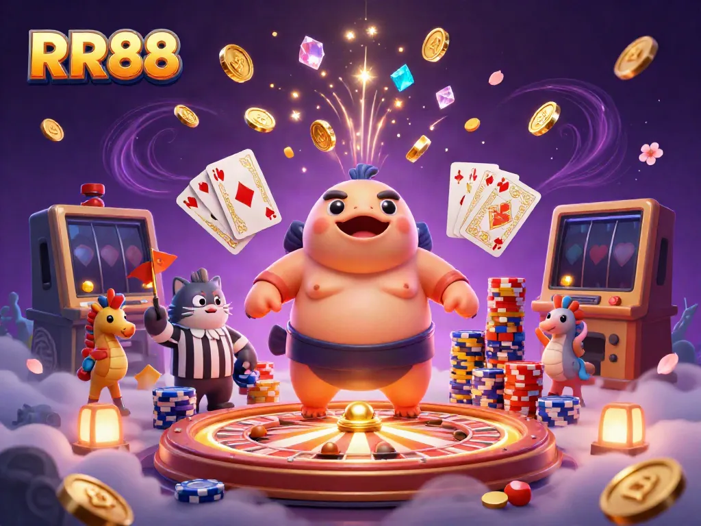 Engage with RR88's thrilling underwater casino scene featuring a fugu in a sumo belt, a catfish referee, and seahorse fans celebrating wins.