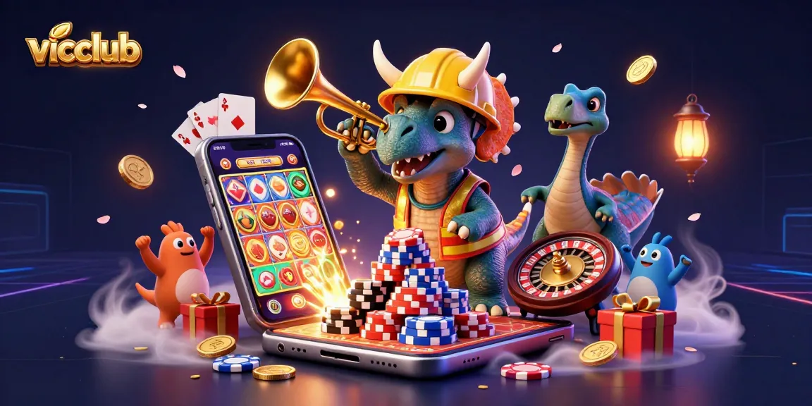 Engage with vicclub illustrated scene, showcasing dynamic gaming elements and vibrant celebrations