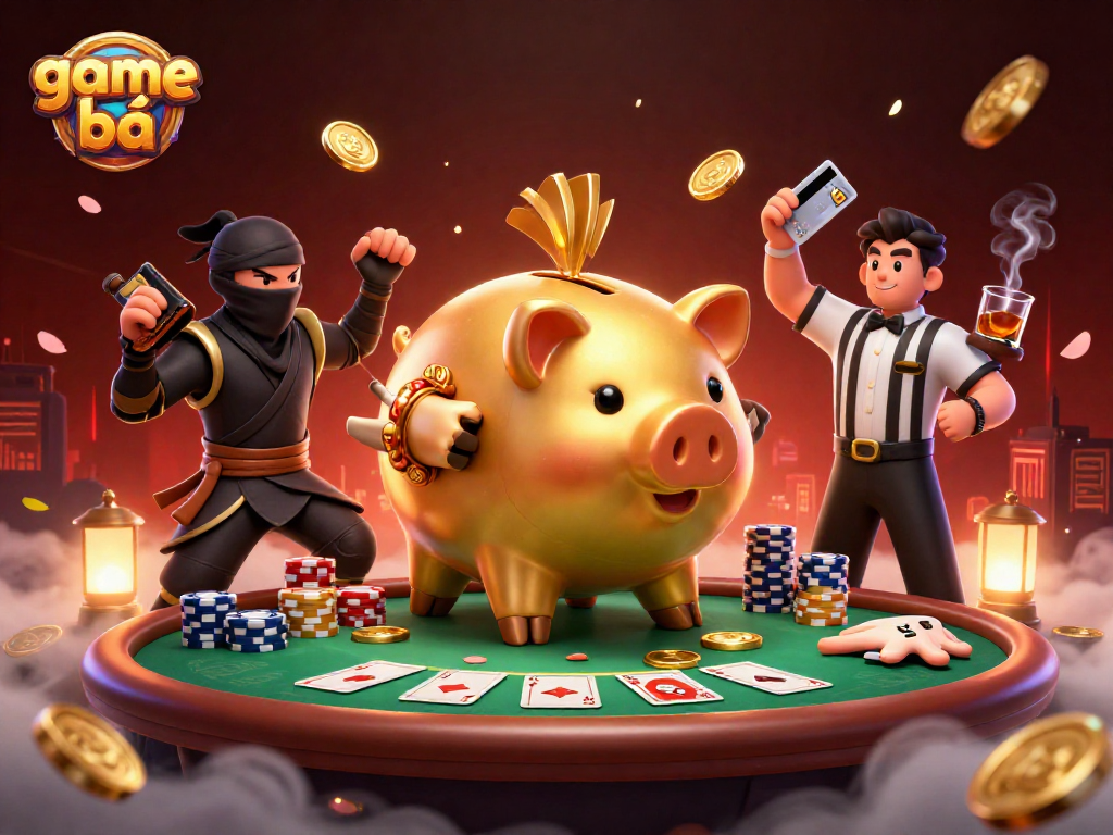 Engage in exciting game bài action with a sumo wrestler, ninja, and samurai in a vibrant casino scene.