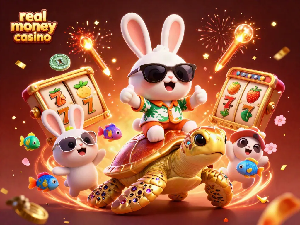 Experience the excitement of real money casino games with a lucky rabbit riding a golden turtle amidst colorful visuals.