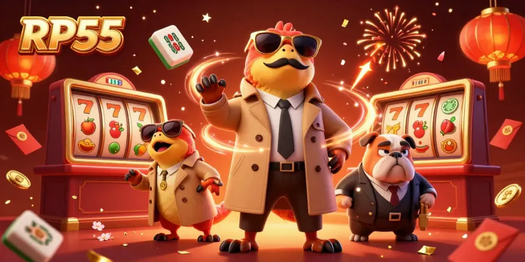 High-energy scene of RP55 characters attempting to enter a VIP casino while playing slots.