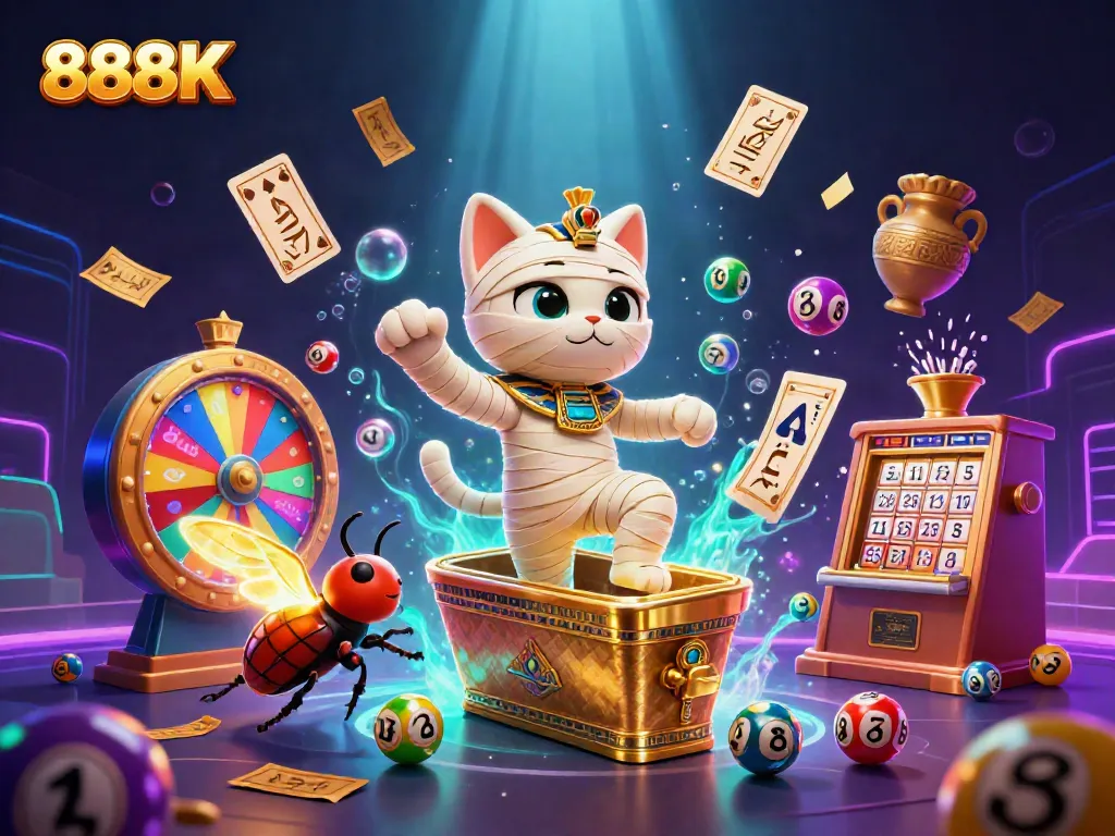 Experience thrilling jackpot excitement with the 888K Egyptian-themed casino illustration packed with vibrant game elements.