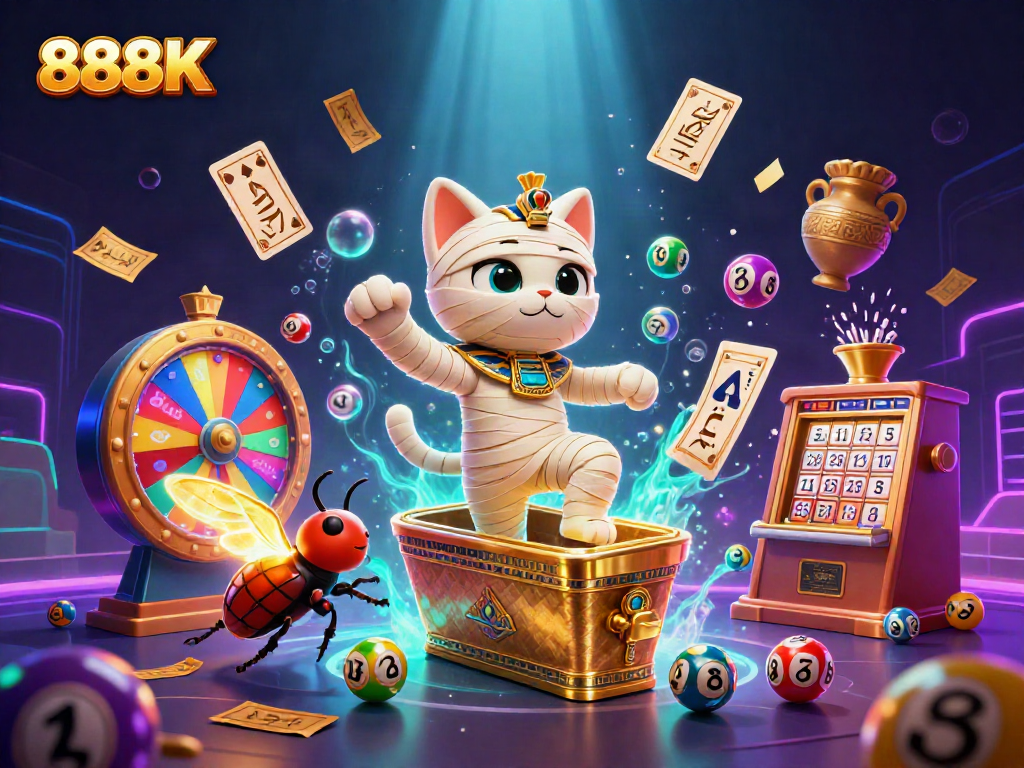 Experience thrilling jackpot excitement with the 888K Egyptian-themed casino illustration packed with vibrant game elements.