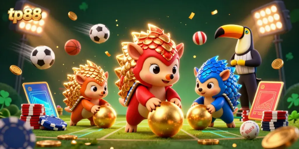 tp88 illustration featuring animated pangolins bowling through poker chips, showcasing vibrant gaming action.