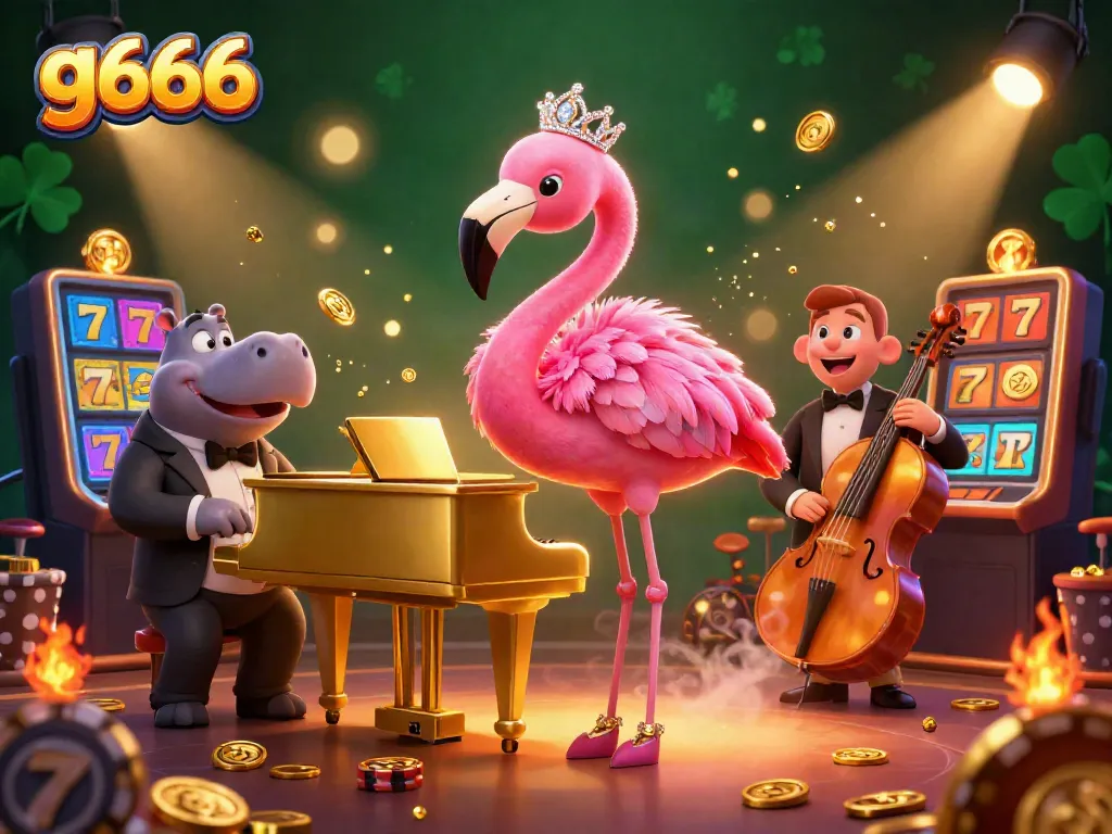 Experience g666 excitement with a flamingo singer and hippo bassist amid vibrant casino elements.