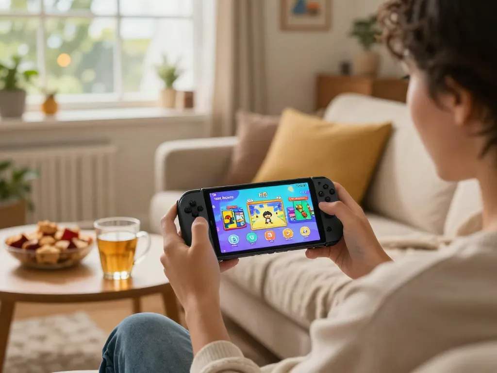 Enjoying Yono Arcade on a smartphone in a cozy living room setting