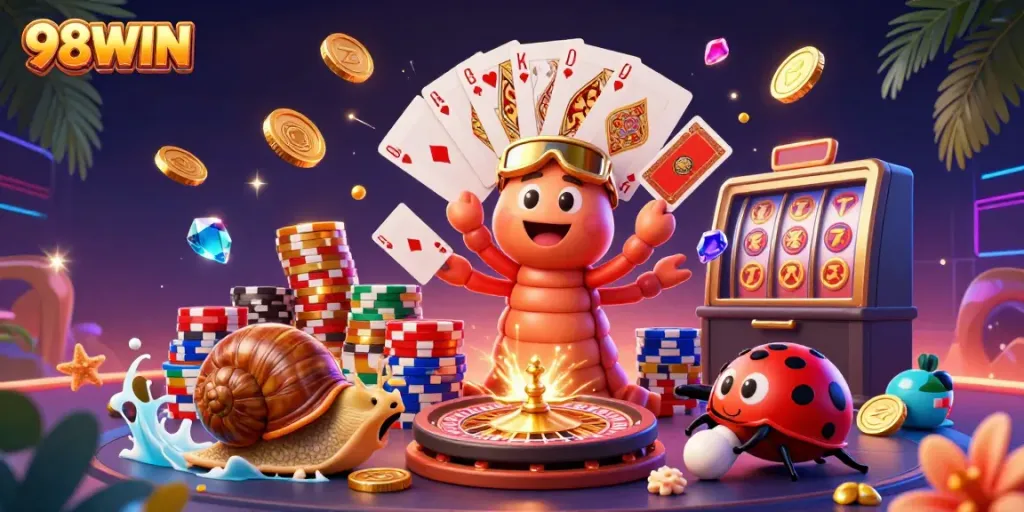 Engage in thrilling gameplay options at 98WIN, featuring a dynamic casino scene with a millipede dealer and exciting game elements.