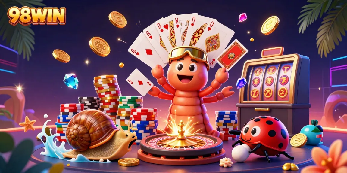 Engage in thrilling gameplay options at 98WIN, featuring a dynamic casino scene with a millipede dealer and exciting game elements.