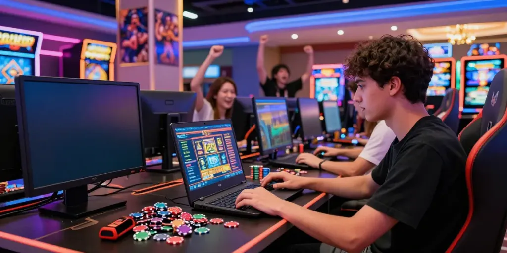 Dynamic gaming experience with slot gacor on a laptop in a vibrant online casino setting.