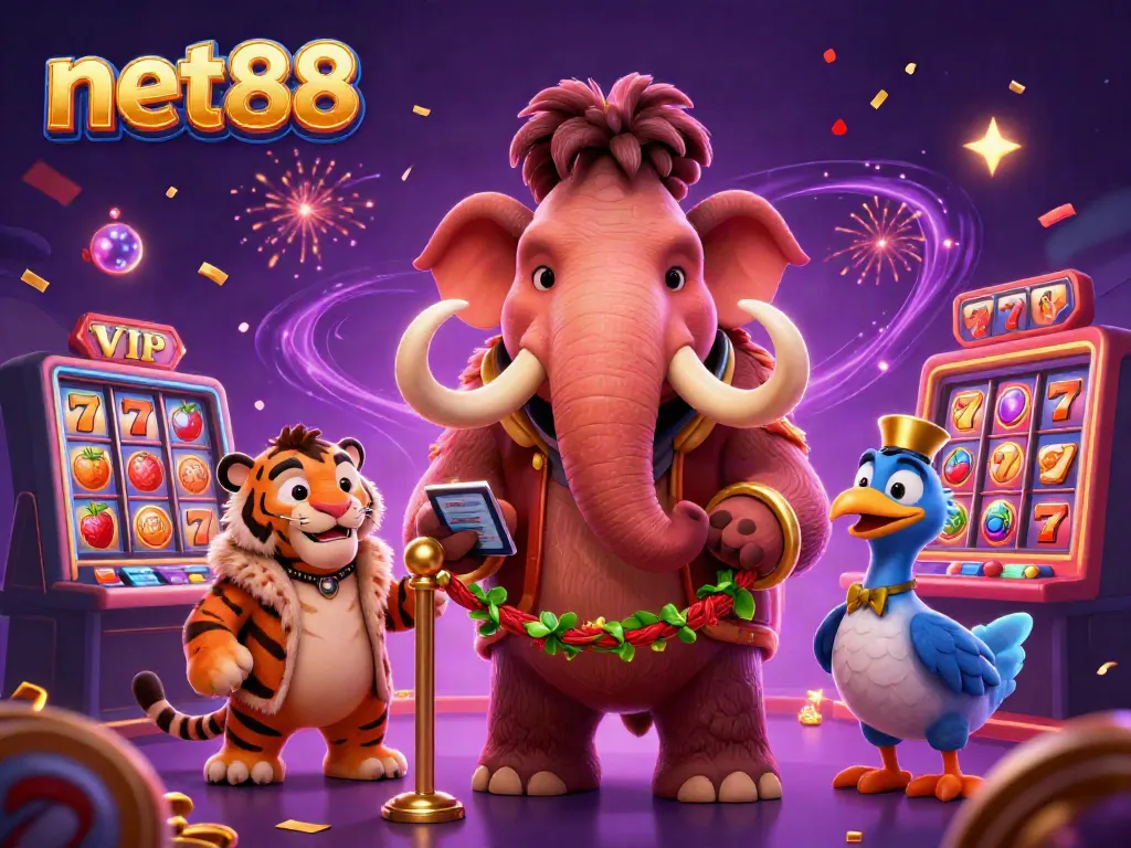 Experience thrilling slots with the lively net88 characters at a vibrant casino scene filled with excitement and magic.
