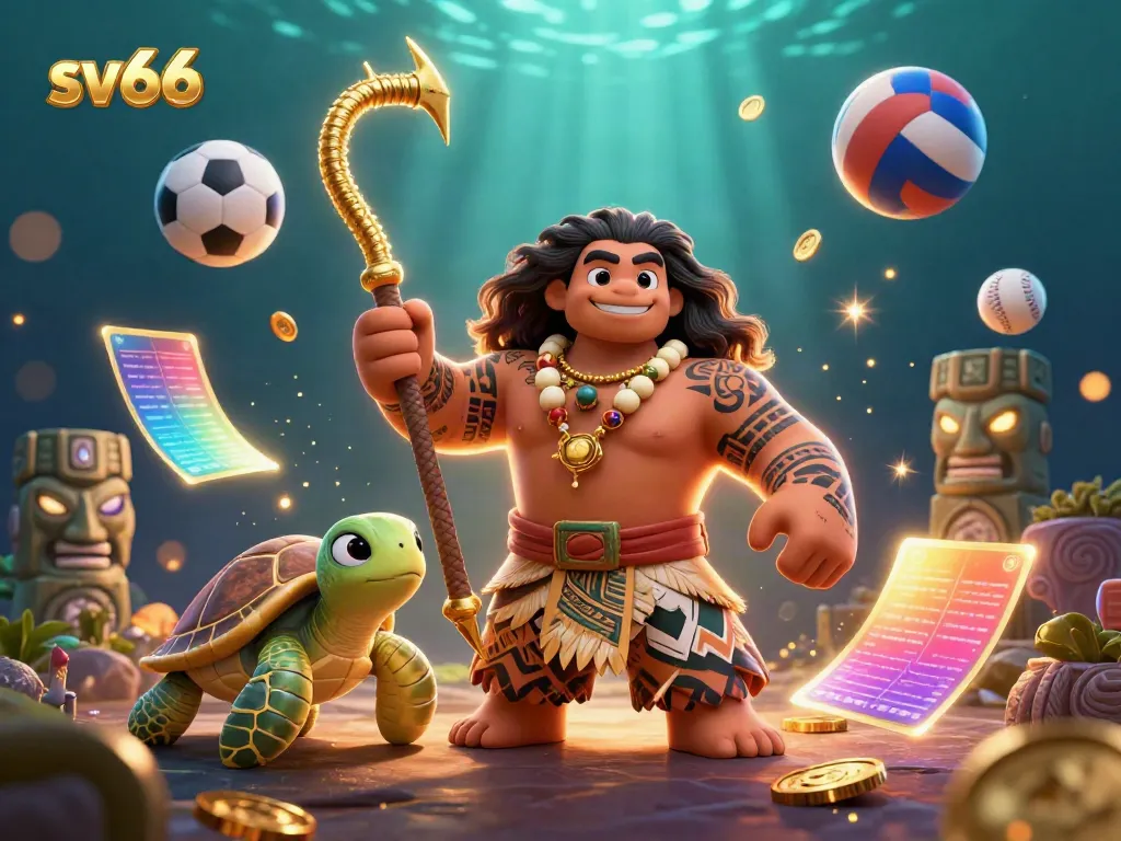 Win big with sv66 at this vibrant casino-themed scene featuring a Maui-style demigod and sports elements.