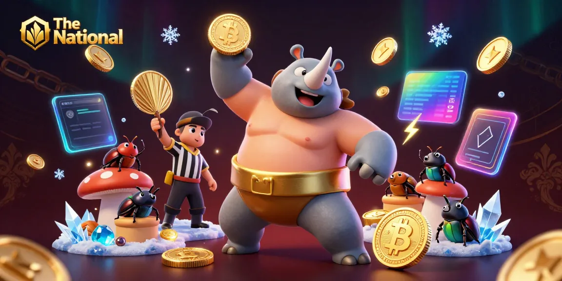 The National showcases a dynamic gaming scene with a rhinoceros beetle in action, surrounded by vibrant crypto coins.