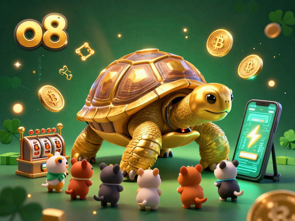 Join the fun at o8's vibrant pinball casino, where golden tortoises and crypto coins create excitement!