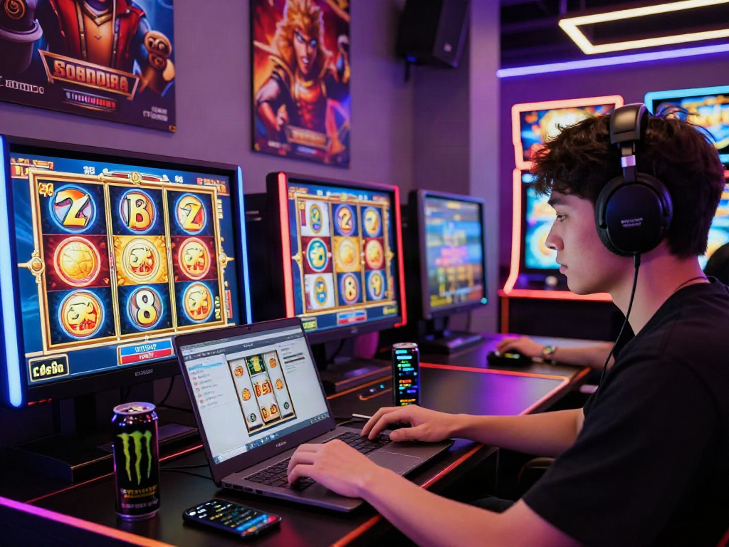 Experience the thrill of slot gacor hari ini with an online player engaged in gaming, vibrant graphics and neon ambiance.