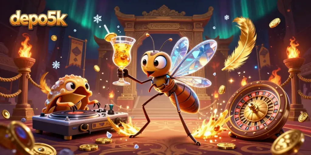 Engage with the thrilling depo5k atmosphere featuring a lively casino mascot and DJ.