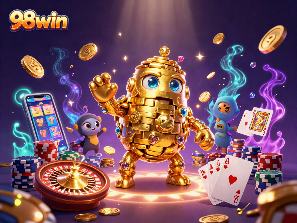 Experience thrilling gameplay with 98win's vibrant casino elements and golden golem in this dynamic illustration.