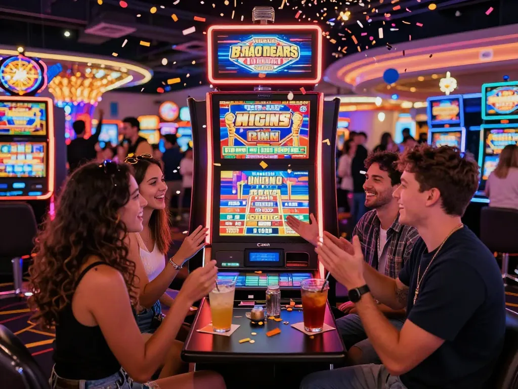 Friends celebrating a big win at Lucky777 slot machine in a vibrant casino atmosphere.