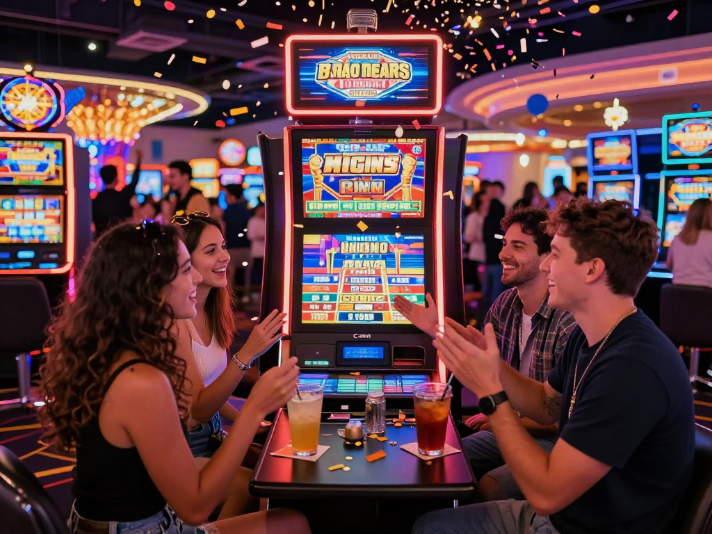 Friends celebrating a big win at Lucky777 slot machine in a vibrant casino atmosphere.