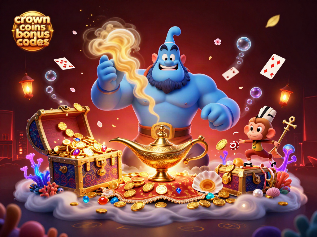 A vibrant and magical scene showcasing crown coins bonus codes with a genie, monkey, and magical elements bursting with energy.