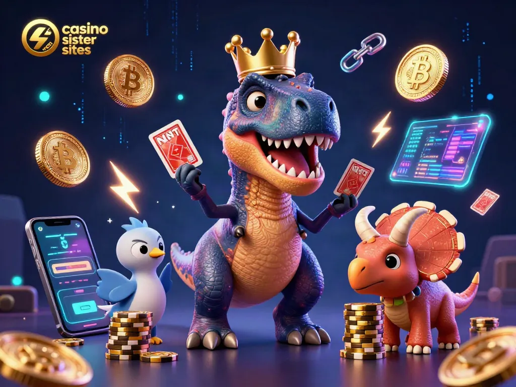 Engage with top cafe casino sister sites while immersed in a vibrant 3D illustration featuring playful dinosaurs.