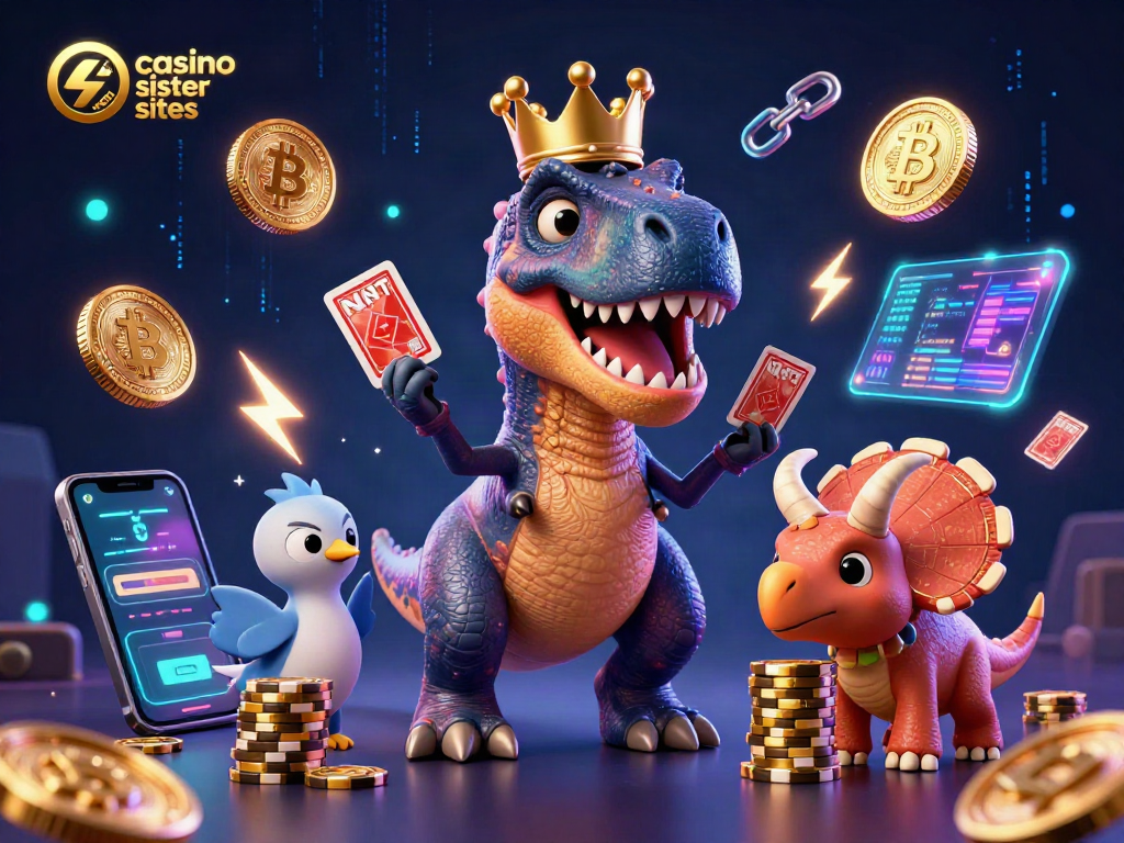 Engage with top cafe casino sister sites while immersed in a vibrant 3D illustration featuring playful dinosaurs.
