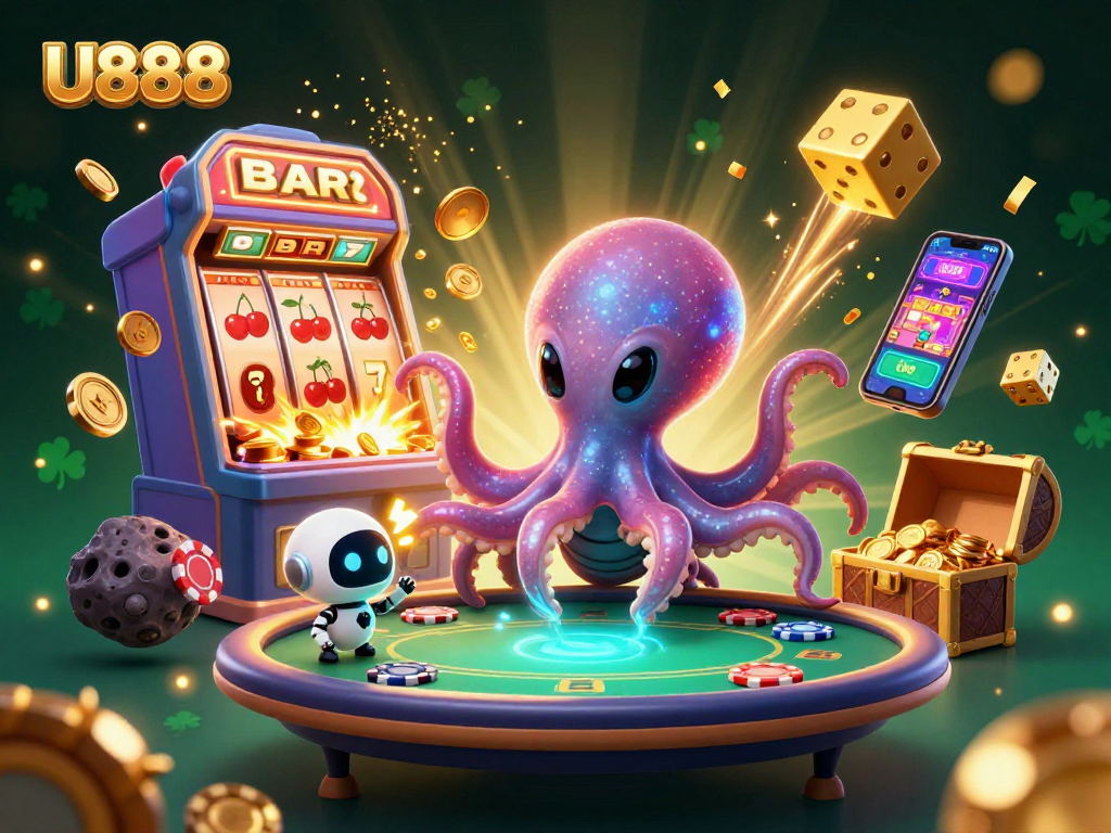Experience thrilling gameplay with U888 as the alien octopus deals cards at a holographic table surrounded by vibrant casino action.
