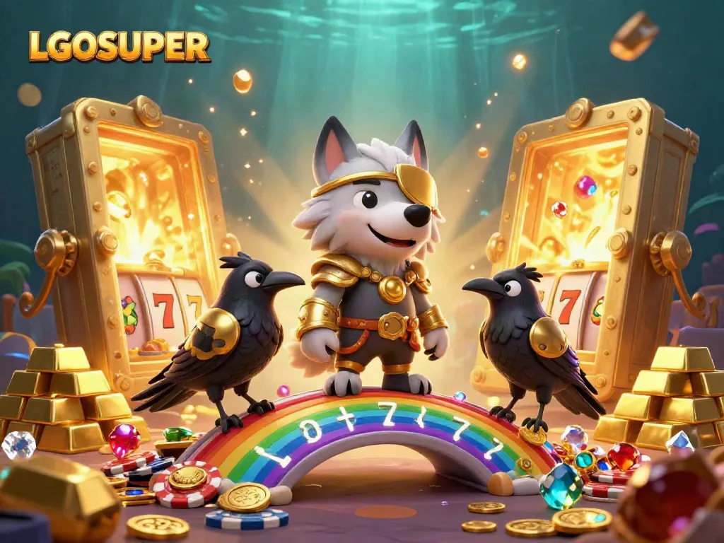 Engage with LGOSUPER's vibrant 3D casino scene featuring Odin and ravens, spinning slot reels and glowing treasures.