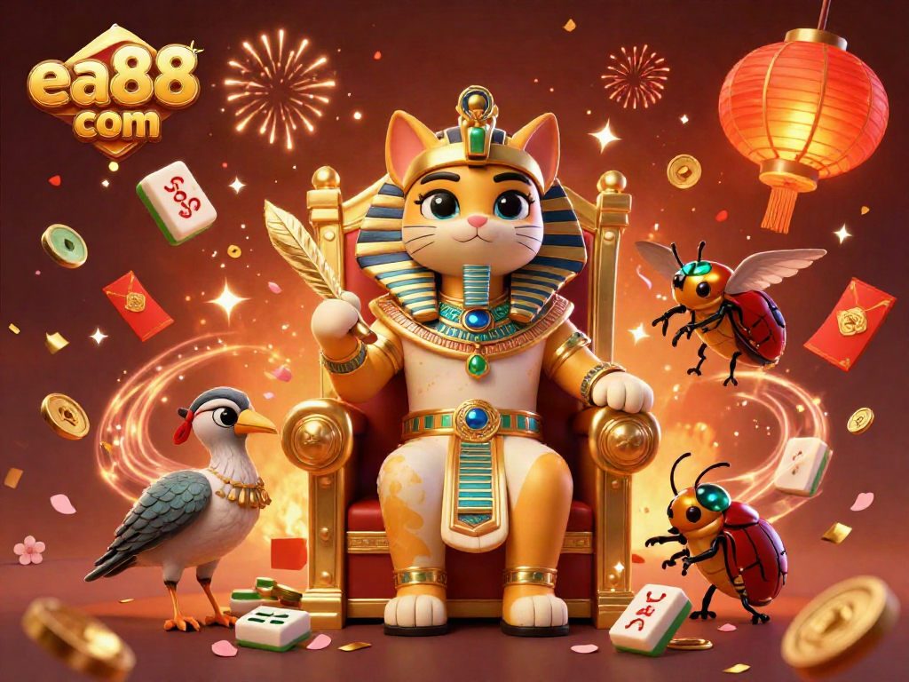 Experience the excitement of ea88 com with a dynamic 3D illustration featuring a pharaoh cat and magical casino elements.