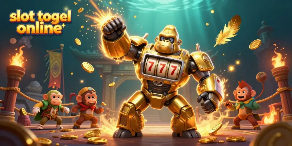 Berpartisipasi dalam permainan slot togel online yang penuh warna dengan gorilla emas yang beraksi di arena taruhan.