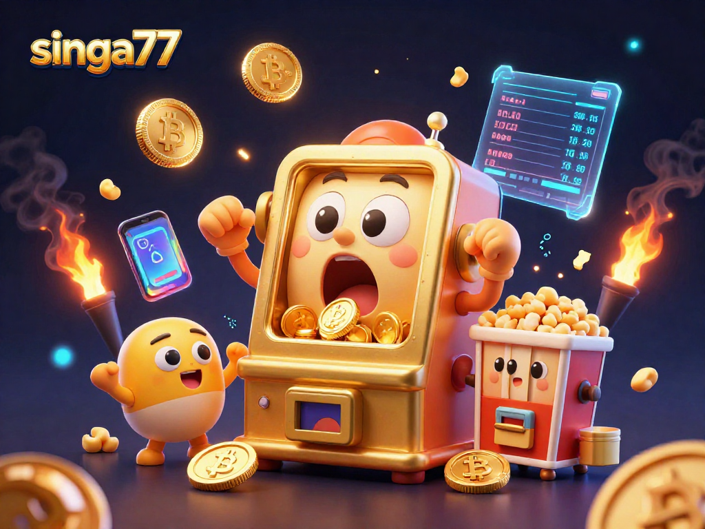 singa77 slot machine hits jackpot, surrounded by coins and crypto elements for an exciting casino experience