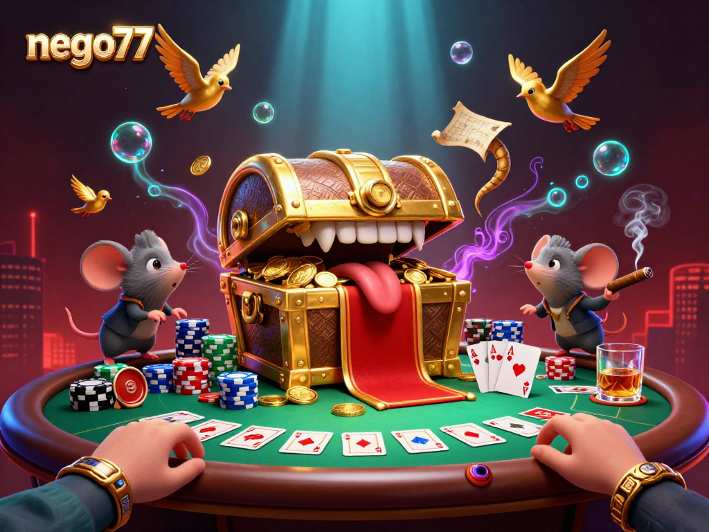 Engage with nego77's exciting casino adventure featuring treasure chests and poker chips.