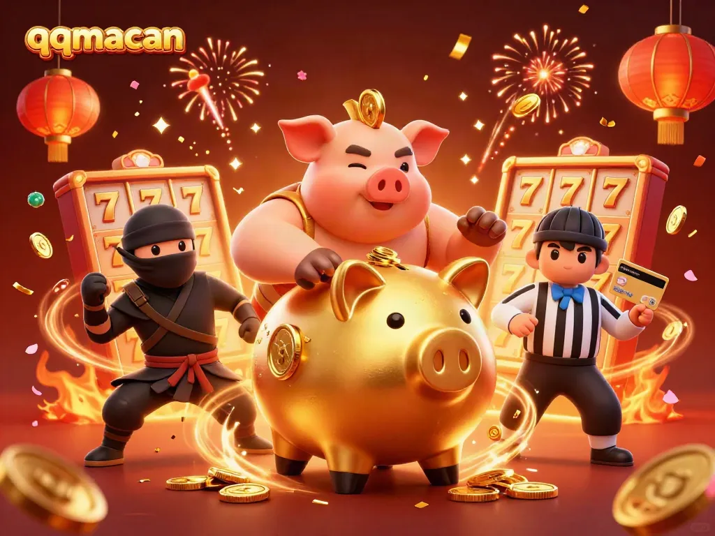 Experience the thrill of qqmacan as characters celebrate winnings amidst dynamic casino elements, showcasing a vibrant gaming atmosphere.