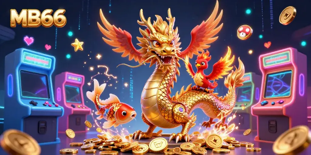 Engage with MB66 in high-stakes gaming, featuring a dragon and phoenix amid captivating casino elements.