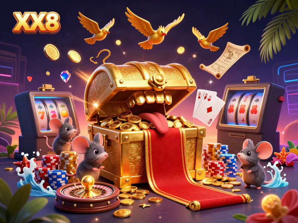 Engage with exciting XX8 gaming features through vibrant treasures and immersive atmosphere.